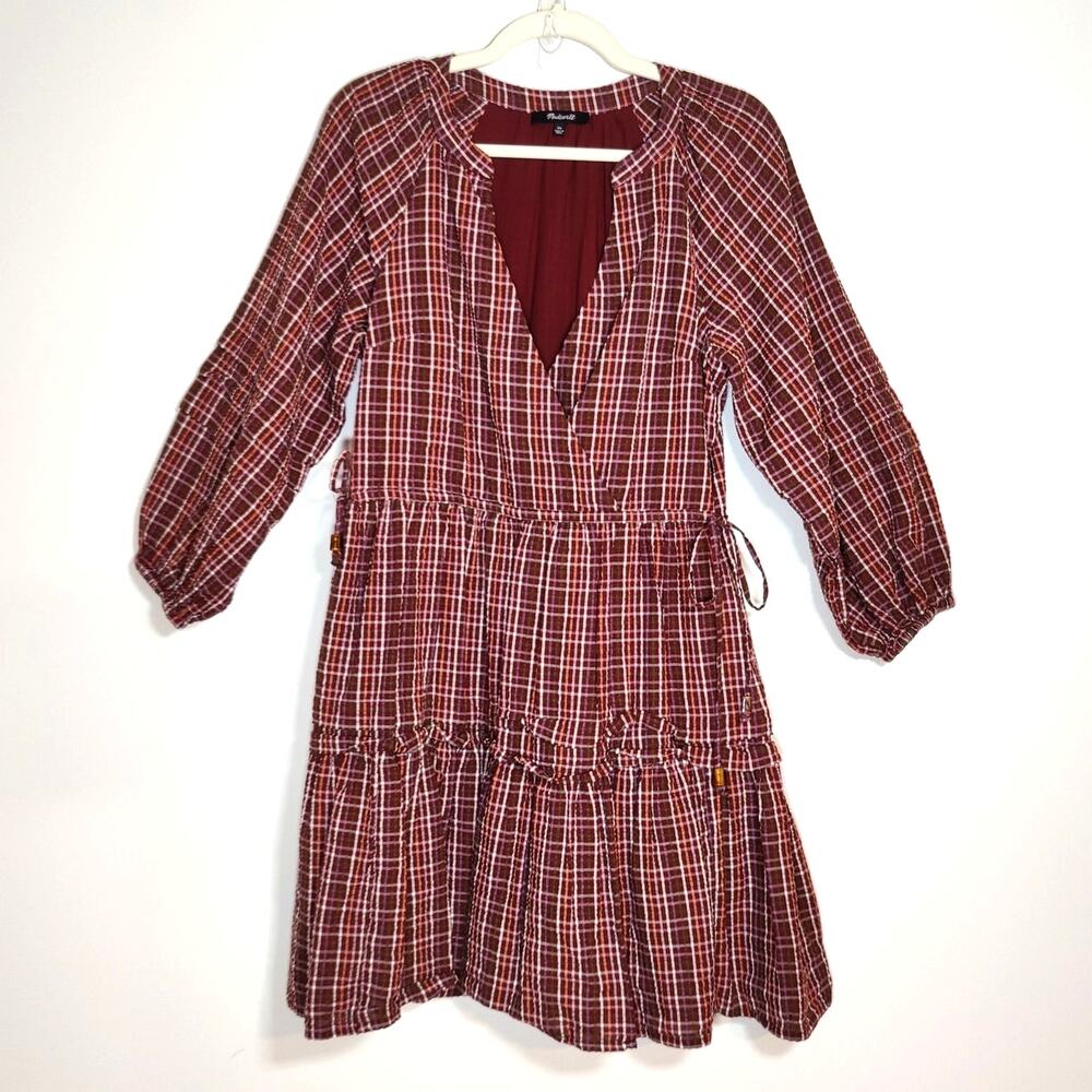 Madewell Burgundy Plaid Mini Dress Ruffle Hem Tie Waist Preppy XS S